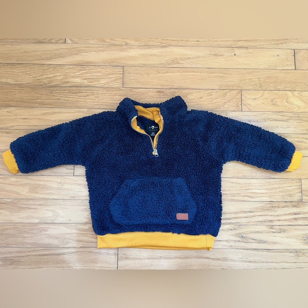 7 For All Mankind toddler Navy and Yellow quarter-zip Sherpa sweater, size 18mo